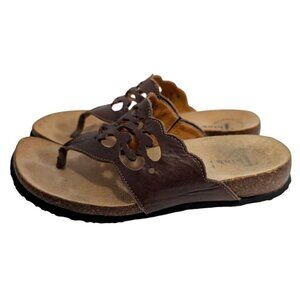 Think! Julia Post Sandals Brown Leather Scallop Cork Laser Cut Out Women Size 8